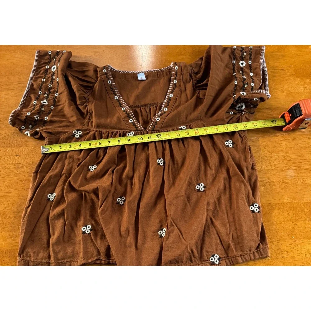 Old Navy Women Rust Brown Floral Embroidered Babydoll V-Neck Blouse Top Sz Large